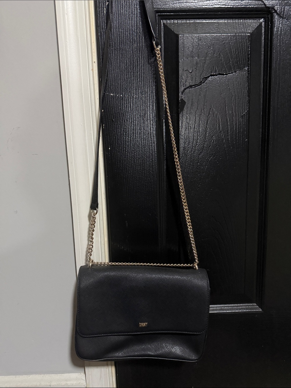 DKNY Black Leather Crossbody with Gold Chain Strap